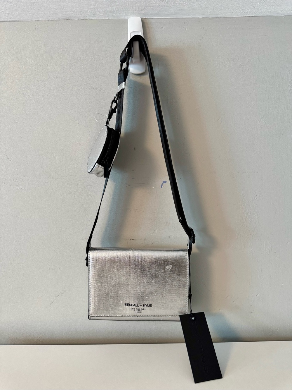 Kendall + Kylie Metallic Silver Crossbody Bag With Detachable Coin Pouch NWT